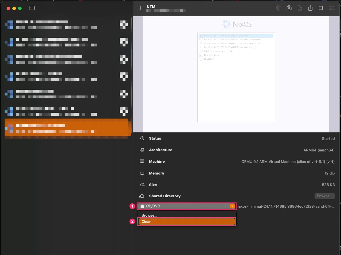 UTM screen showing how to eject the disk