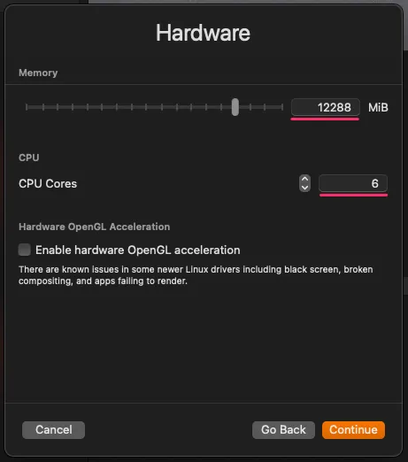 UTM Hardware screen with Memory 12288MB and 6 CPU cores filled