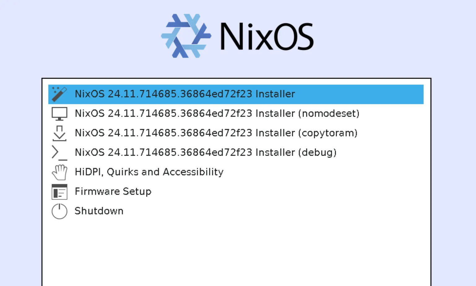 VM booting to Installer screen of NixOS